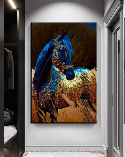 Wildfire Fantasia: Blue & Gold Horse Art Print Wall Poster