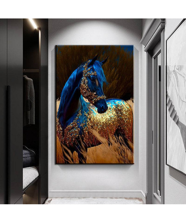 Wildfire Fantasia: Blue & Gold Horse Art Print Wall Poster