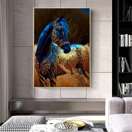 Wildfire Fantasia: Blue & Gold Horse Art Print Wall Poster