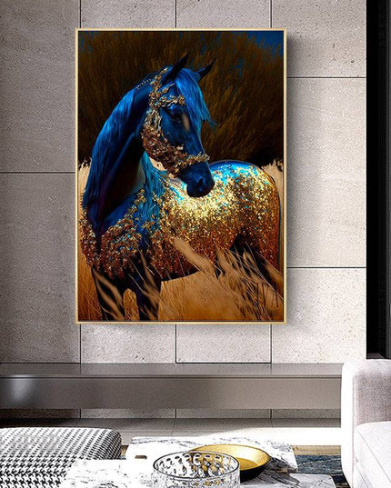 Wildfire Fantasia: Blue & Gold Horse Art Print Wall Poster