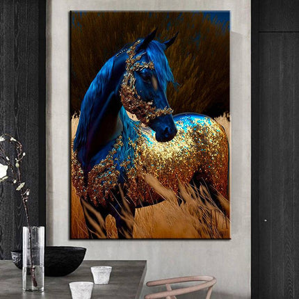 Wildfire Fantasia: Blue & Gold Horse Art Print Wall Poster