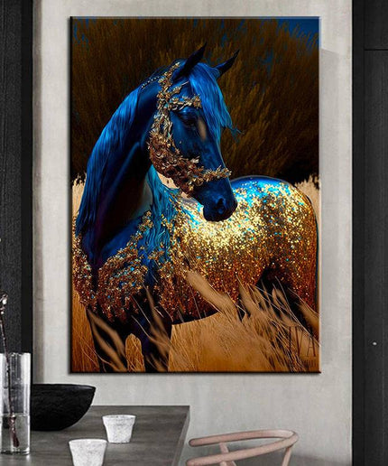 Wildfire Fantasia: Blue & Gold Horse Art Print Wall Poster