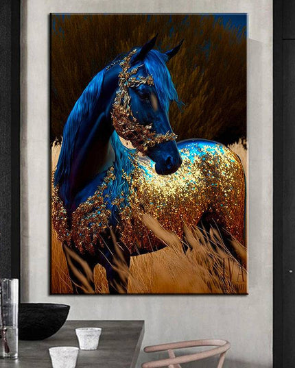 Wildfire Fantasia: Blue & Gold Horse Art Print Wall Poster