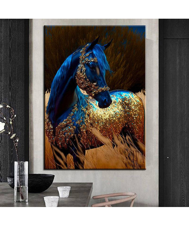 Wildfire Fantasia: Blue & Gold Horse Art Print Wall Poster
