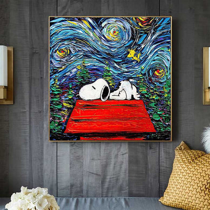 Dreamy Whimsy: Snoopy in Van Gogh's Starry Night Canvas Print Wall Poster