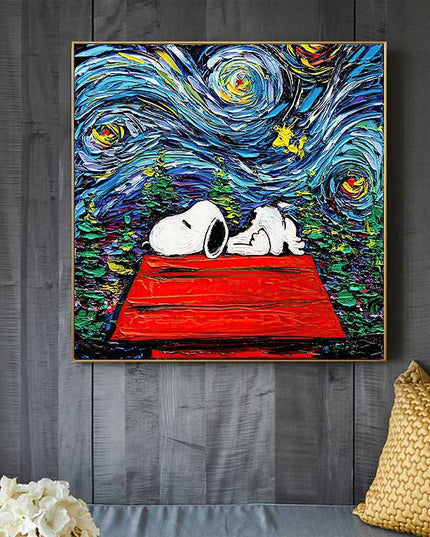 Dreamy Whimsy: Snoopy in Van Gogh's Starry Night Canvas Print Wall Poster