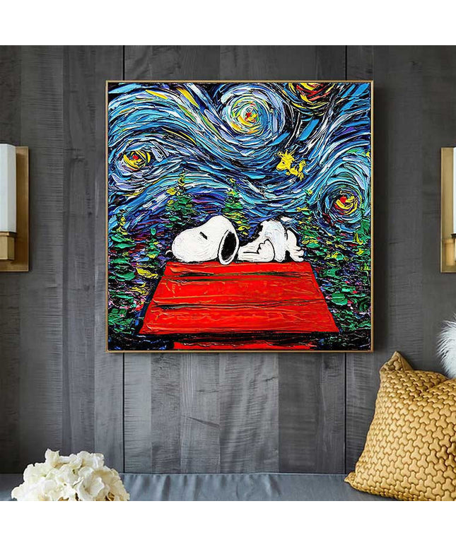 Dreamy Whimsy: Snoopy in Van Gogh's Starry Night Canvas Print Wall Poster