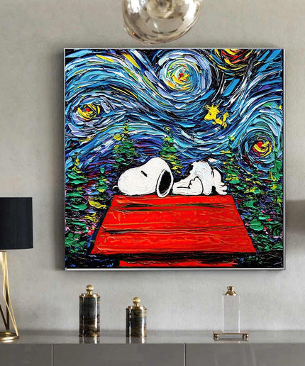 Dreamy Whimsy: Snoopy in Van Gogh's Starry Night Canvas Print Wall Poster