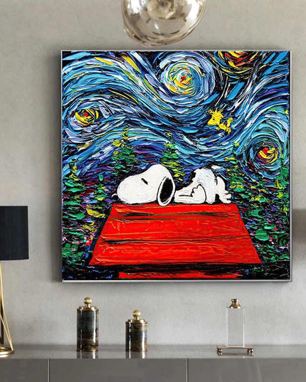 Dreamy Whimsy: Snoopy in Van Gogh's Starry Night Canvas Print Wall Poster