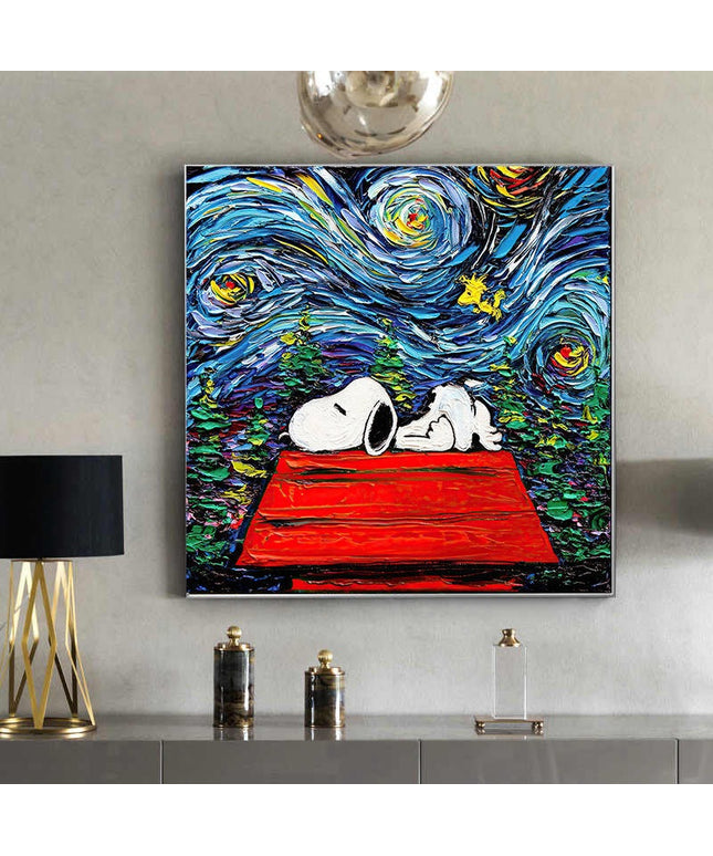 Dreamy Whimsy: Snoopy in Van Gogh's Starry Night Canvas Print Wall Poster