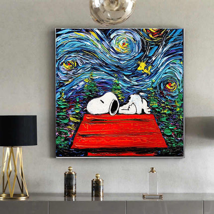 Dreamy Whimsy: Snoopy in Van Gogh's Starry Night Canvas Print Wall Poster