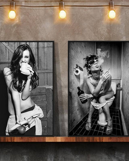 Drunk Girl in Toilet Wall Art - Bold and Provocative Canvas Print
