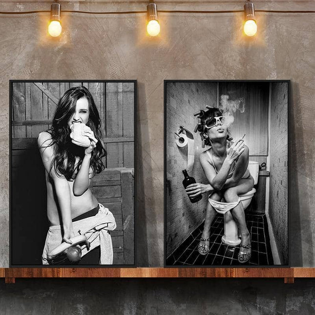 Drunk Girl in Toilet Wall Art - Bold and Provocative Canvas Print