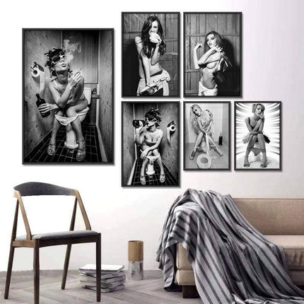Drunk Girl in Toilet Wall Art - Bold and Provocative Canvas Print