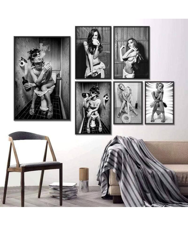 Drunk Girl in Toilet Wall Art - Bold and Provocative Canvas Print