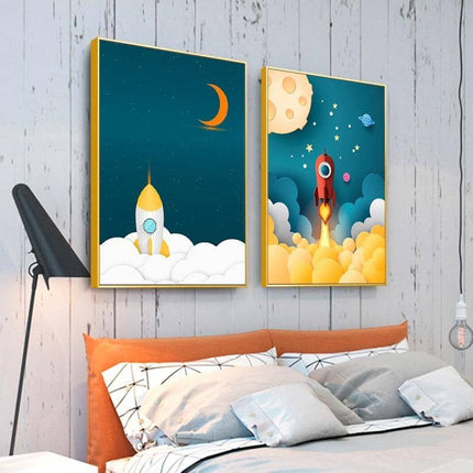 Explore the Universe with Cartoon Rocket Astronaut Art Poster