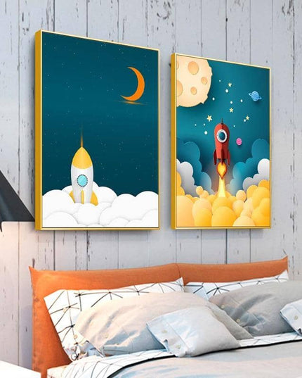 Explore the Universe with Cartoon Rocket Astronaut Art Poster