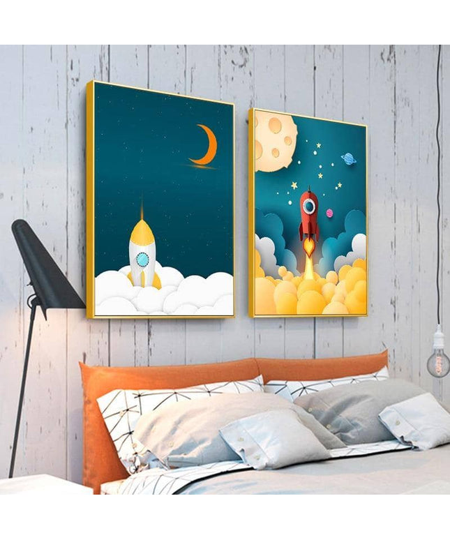 Explore the Universe with Cartoon Rocket Astronaut Art Poster