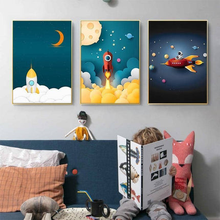 Explore the Universe with Cartoon Rocket Astronaut Art Poster