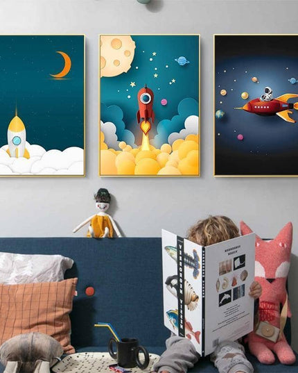 Explore the Universe with Cartoon Rocket Astronaut Art Poster