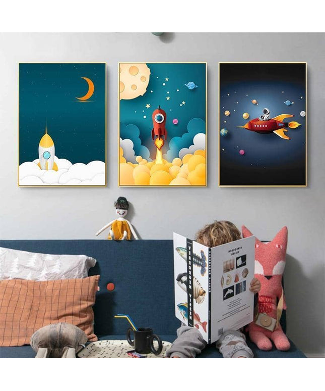 Explore the Universe with Cartoon Rocket Astronaut Art Poster