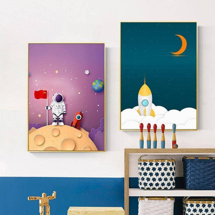 Explore the Universe with Cartoon Rocket Astronaut Art Poster