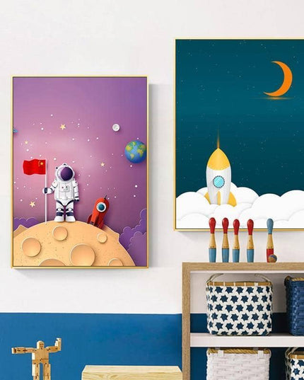 Explore the Universe with Cartoon Rocket Astronaut Art Poster