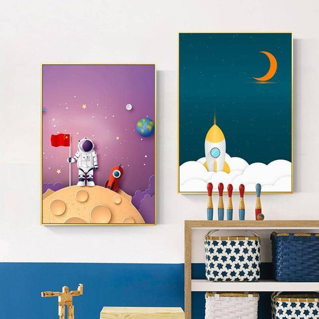 Explore the Universe with Cartoon Rocket Astronaut Art Poster