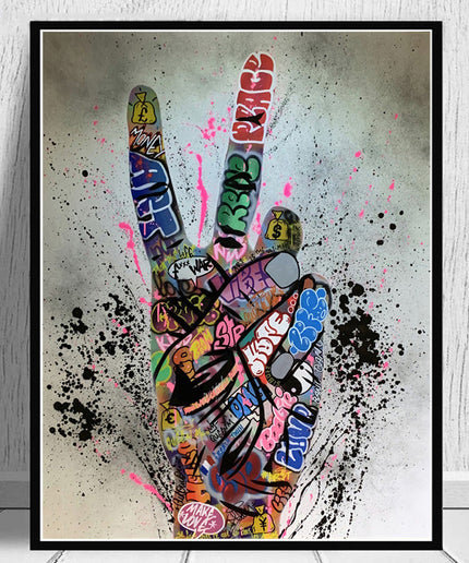 Graffiti Peace: Hand Pose Artwork on Canvas Print Wall Poster