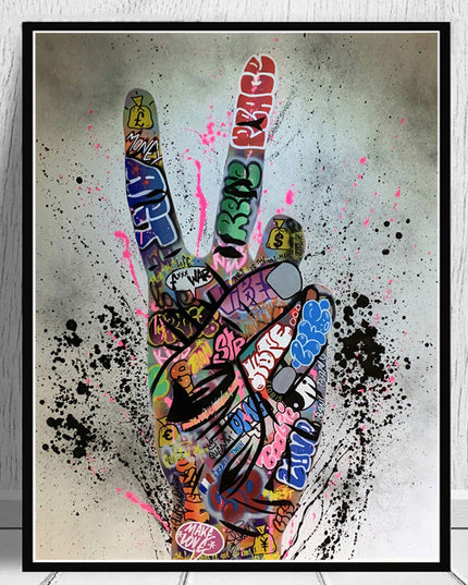Graffiti Peace: Hand Pose Artwork on Canvas Print Wall Poster