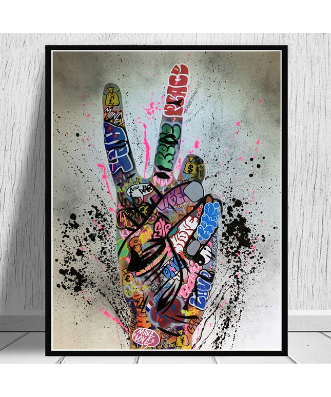 Graffiti Peace: Hand Pose Artwork on Canvas Print Wall Poster