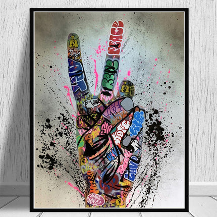 Graffiti Peace: Hand Pose Artwork on Canvas Print Wall Poster