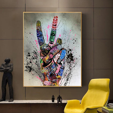 Graffiti Peace: Hand Pose Artwork on Canvas Print Wall Poster