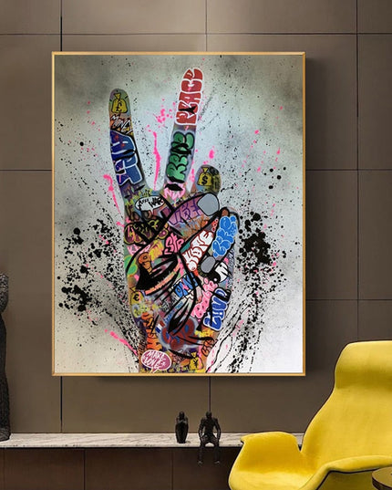 Graffiti Peace: Hand Pose Artwork on Canvas Print Wall Poster