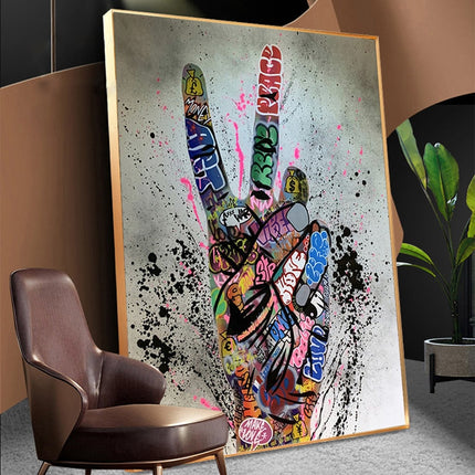 Graffiti Peace: Hand Pose Artwork on Canvas Print Wall Poster