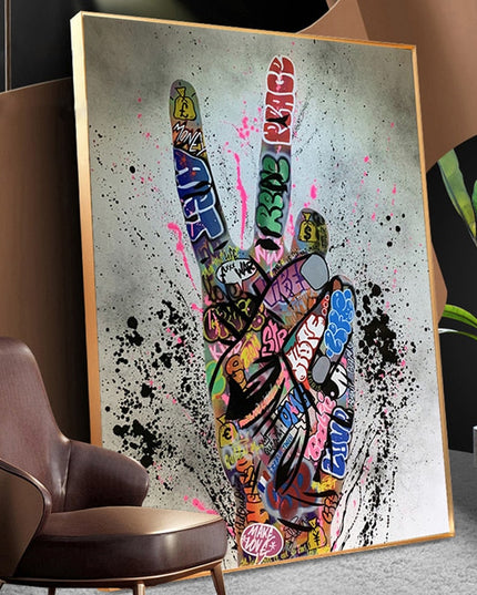 Graffiti Peace: Hand Pose Artwork on Canvas Print Wall Poster