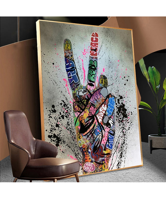 Graffiti Peace: Hand Pose Artwork on Canvas Print Wall Poster
