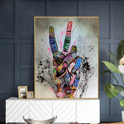 Graffiti Peace: Hand Pose Artwork on Canvas Print Wall Poster