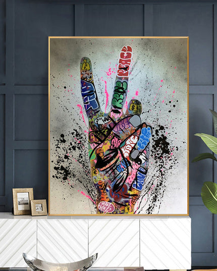 Graffiti Peace: Hand Pose Artwork on Canvas Print Wall Poster