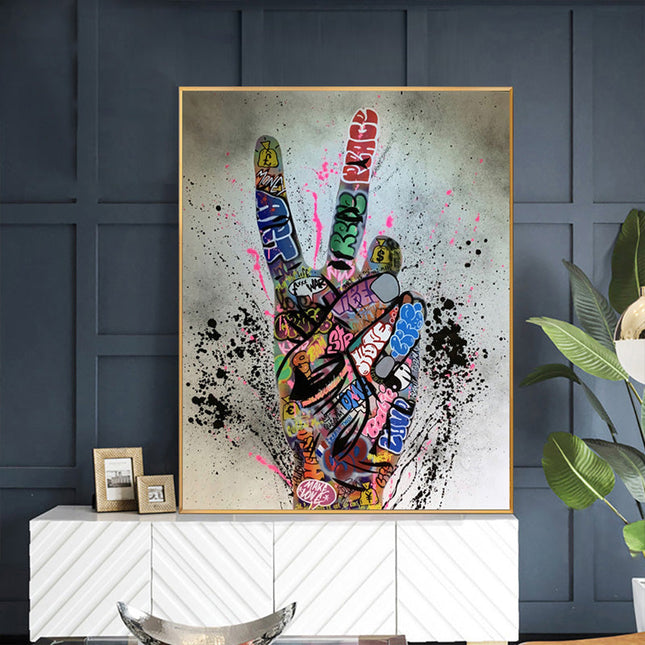 Graffiti Peace: Hand Pose Artwork on Canvas Print Wall Poster