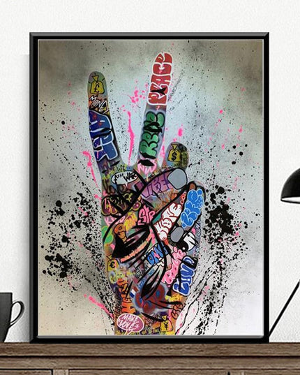 Graffiti Peace: Hand Pose Artwork on Canvas Print Wall Poster