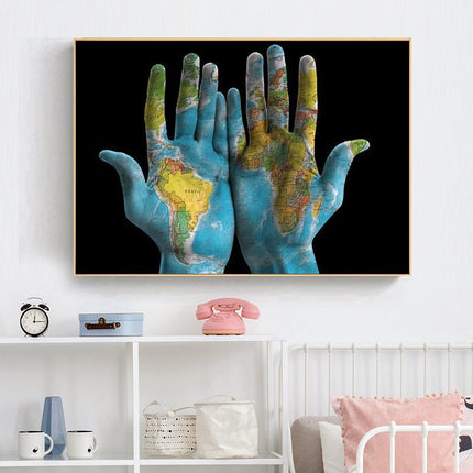 Hands Across the World - World Maps Art Canvas Print Poster Wall Poster