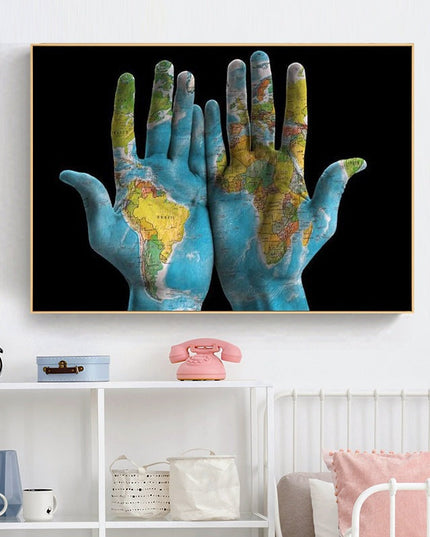 Hands Across the World - World Maps Art Canvas Print Poster Wall Poster