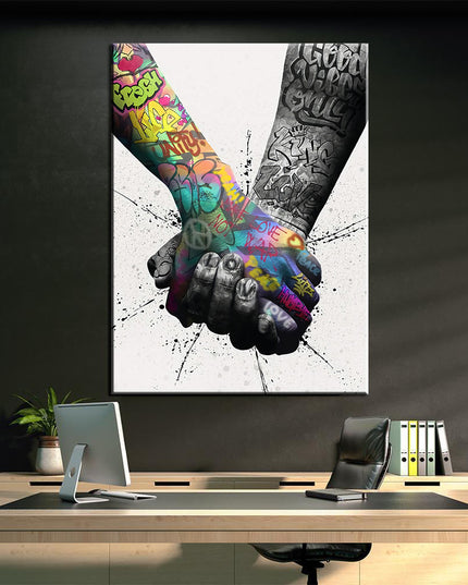 Let's Go Hand in Hand Graffiti Art - Playful and Inspirational Wall Decor