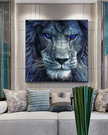 Majestic Pride: Blue-Eyed Lion in the Wilderness Canvas Print Wall Poster