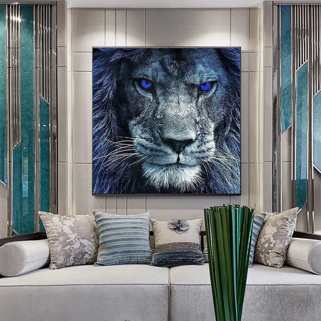 Majestic Pride: Blue-Eyed Lion in the Wilderness Canvas Print Wall Poster