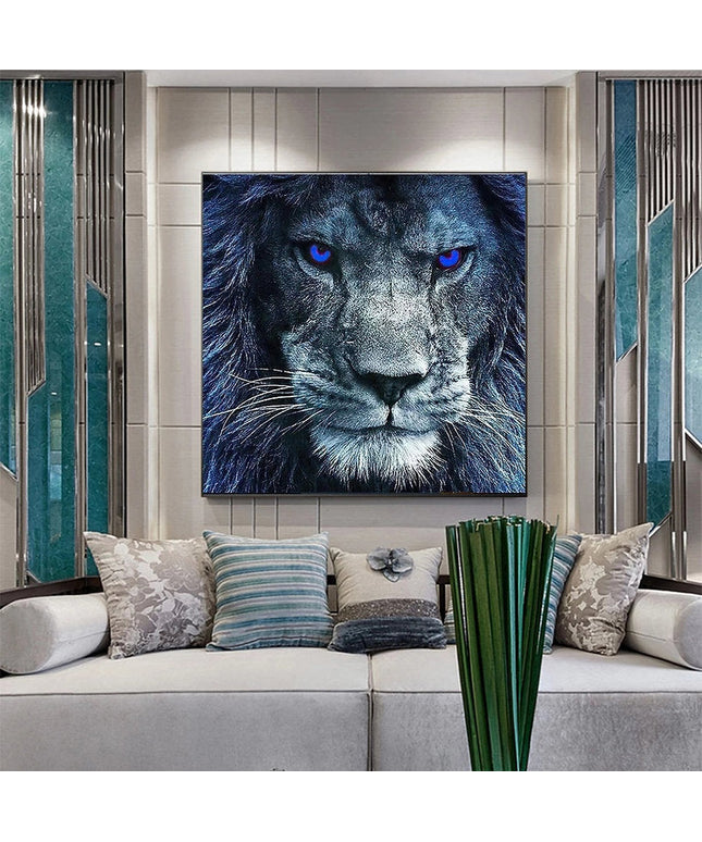 Majestic Pride: Blue-Eyed Lion in the Wilderness Canvas Print Wall Poster