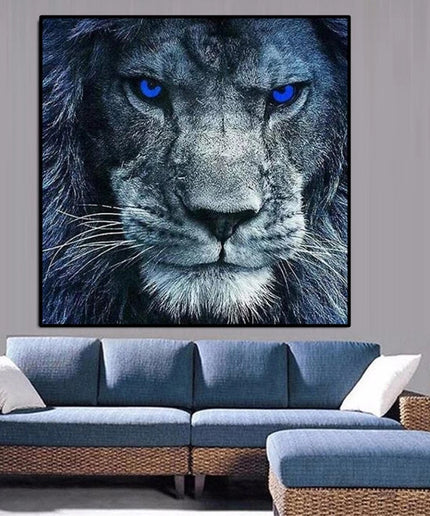 Majestic Pride: Blue-Eyed Lion in the Wilderness Canvas Print Wall Poster