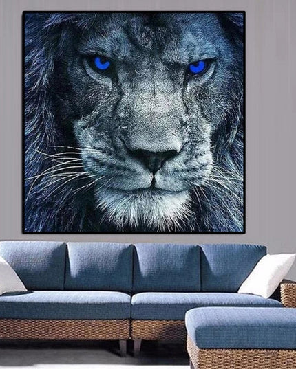 Majestic Pride: Blue-Eyed Lion in the Wilderness Canvas Print Wall Poster