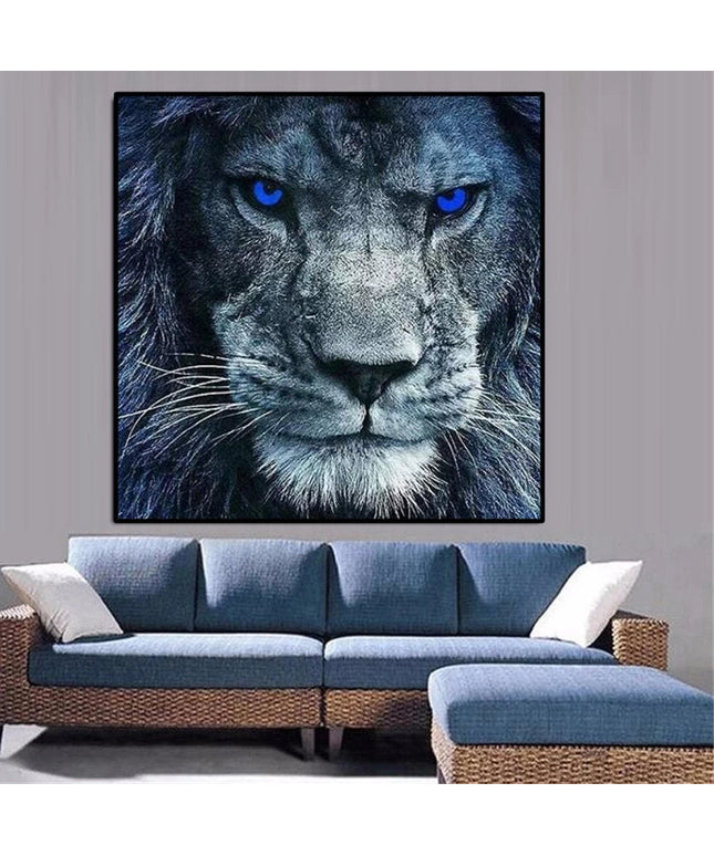 Majestic Pride: Blue-Eyed Lion in the Wilderness Canvas Print Wall Poster